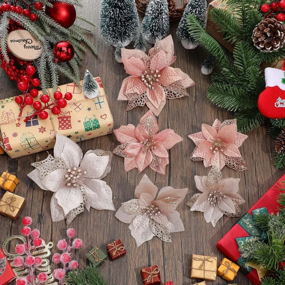 Artificial Glitter Poinsettia Christmas‎ Tree Flowers Rose Gold Champagne 24pc